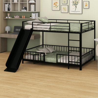 Metal Bunk Bed With Slide And Guardrails