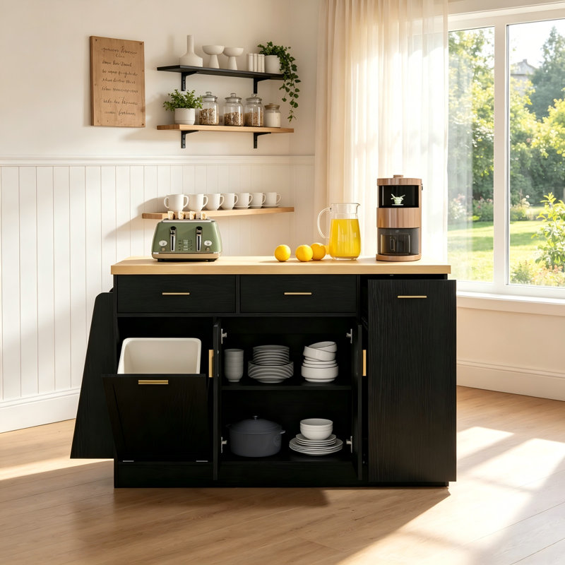 Buffet de rangement multi-usage, armoire d'îlot de cuisine avec portes coulissantes, poubelle encastrée et range-épices à 3 niveaux pour un usage domestique