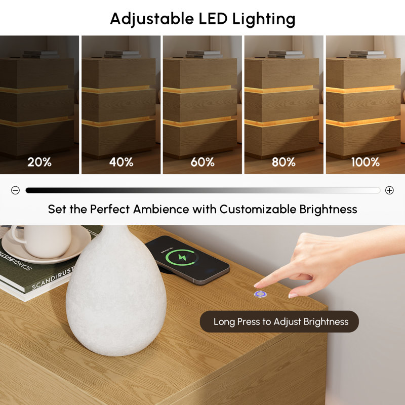 Natural 3-Drawer Bedside Table, Dimmable LED Light with Built-in Wireless Charging & USB-C Port, Bedroom Storage Nightstand