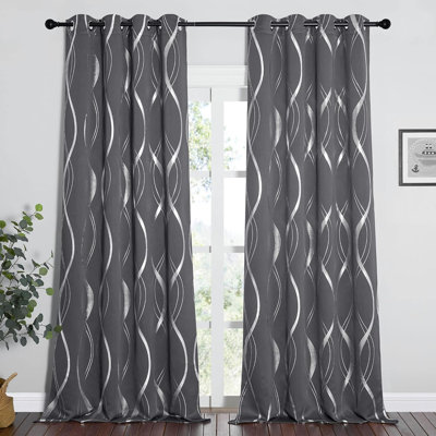 Blackout Curtains Panels Window Treatment Thermal Insulated Solid Grommet Blackout Wave Line Foil Print Design Curtains for Living Room Set of 2