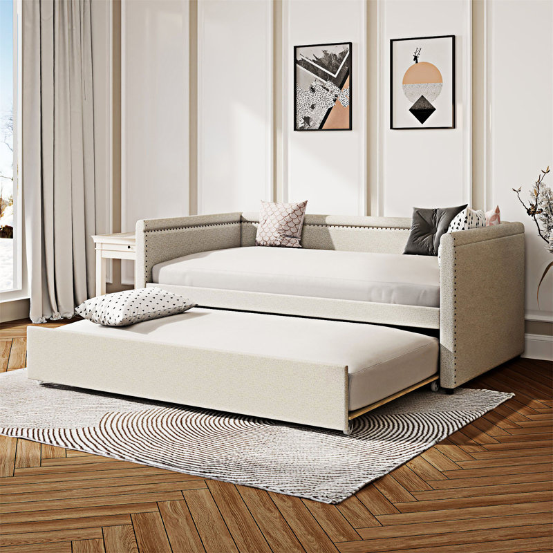 Lit de jour simple rembourré avec couchette, Beige