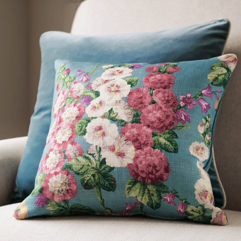 Hollyhocks Fabric, Petrol Blue/Multi