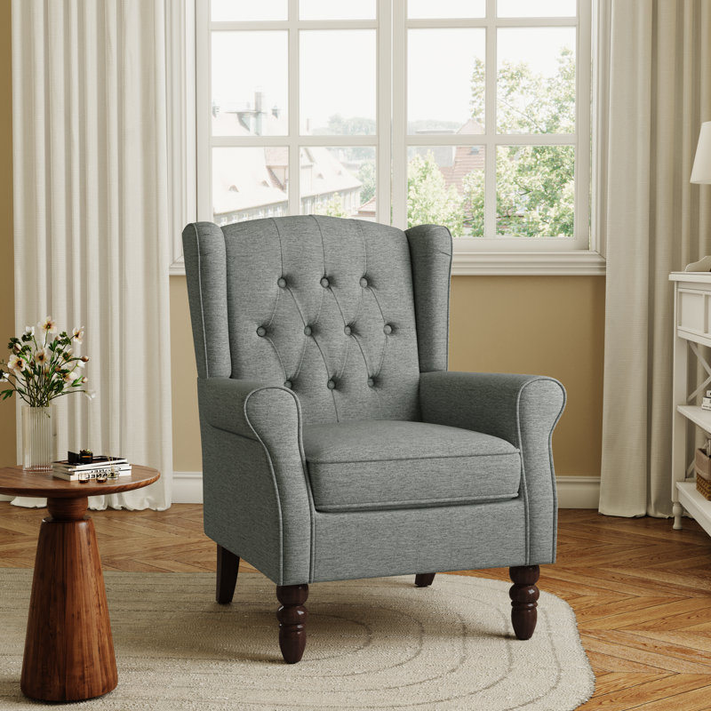 Duward 74Cm Wide Tufted Wingback Armchair with Solid Wood Legs, Grey Polyester Blend