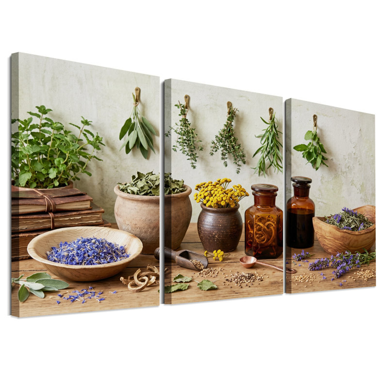 Ensemble de 3 toiles murales représentant des herbes séchées et des flacons ambrés sur une table en bois, 18"H x 12"W x 3pcs