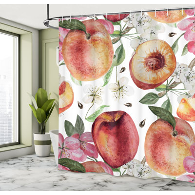 East Urban Home Peach Shower Curtain Floral Spring Blooms Fruits Dark Salmon and Sage Green