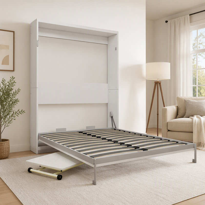Wall Mounted Murphy Bed With Separate Manual Height Adjustable Desk, Space Saving Foldable Wall Bed & Computer Desk