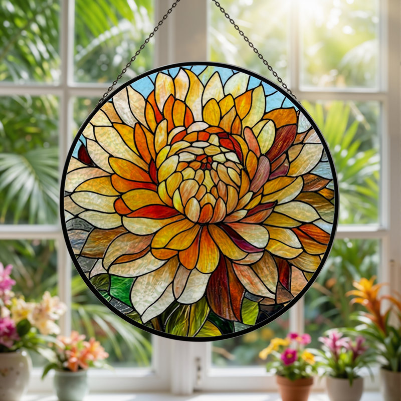 Panneau de vitrail à motif floral, H 12 po x l 12 po