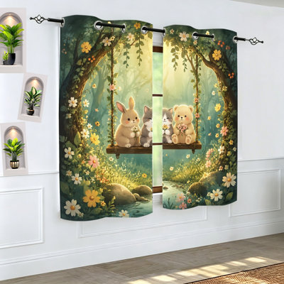 2Pcs rideaux occultants mignons, balançoires à motif de forêt, panneaux de tissu obscurcissant pour le salon, la chambre à coucher et la maison