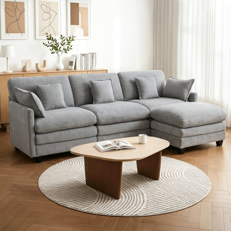 111.8" Modular Sectional Sofa, 3-Seat L Shaped Couch with Reversible Ottoman, Grey