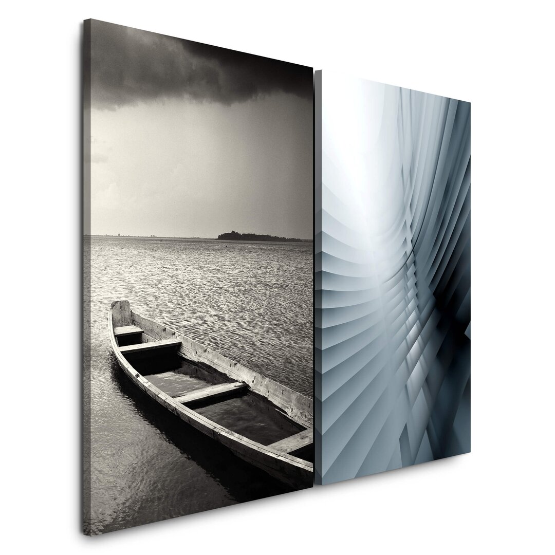 2-tlg. Leinwandbilder-Set - Grafikdruck „Dark Clouds Boat Fishing Boat Grey Sea Horizon”