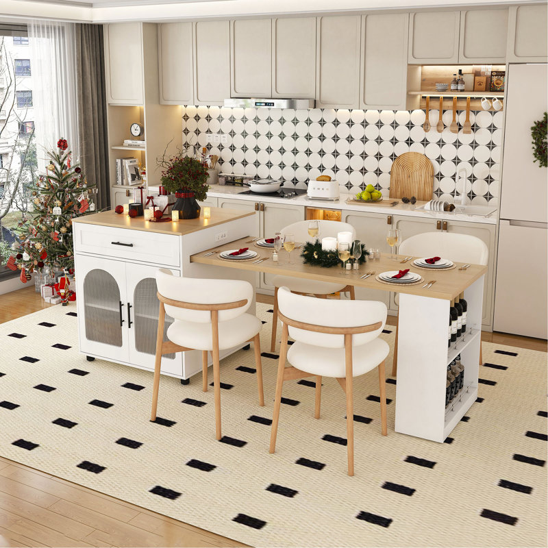 80-Inch Expandable Kitchen Island With Dining Table, Countertop With Power Outlet, Mobile Storage Cart With Cabinet & 2 Drawers, Kitchen Prep Table
