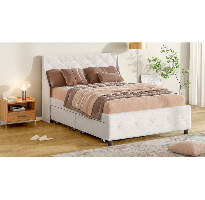 Structure de lit de taille avec tête de lit de rangement, lit plateforme en métal sans bruit, sommier robuste en lattes de métal sans sommier