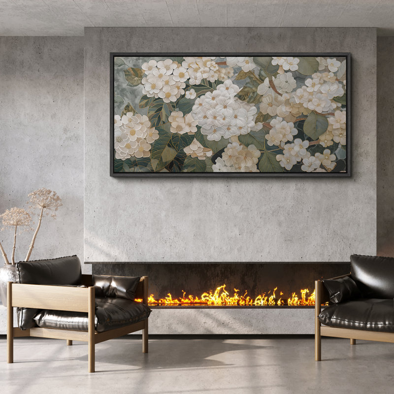 Motif floral botanique avec illustrations de fleurs blanches et de feuilles vertes rétro, H 30 po x l 60 po