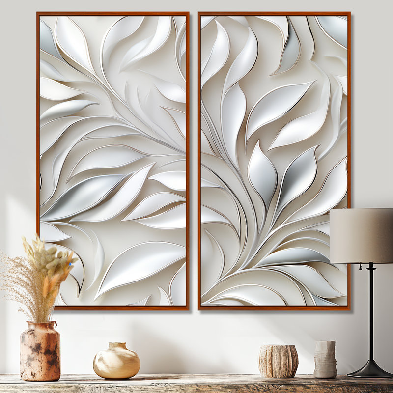 Abstrait argent et motif de fleurs blanches - Art mural sur toile blanche, H 20 po x l 24 po, Impression encadrée flottante
