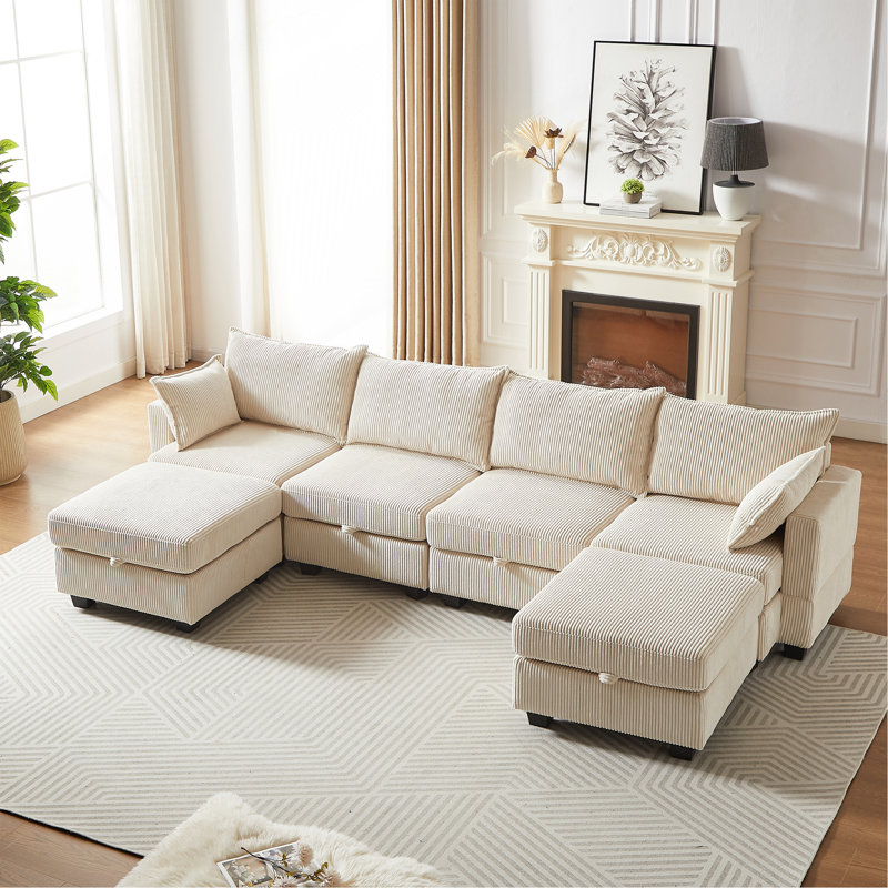 Canapé modulaire en velours côtelé de 113,5 po, canapé modulaire en U avec repose-pieds avec rangement, canapé modulaire de 6 places avec méridienne