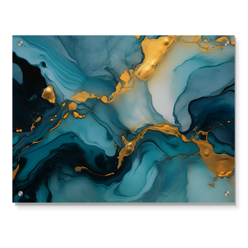 Décoration murale en marbre turquoise infusé d'or II - fractales, H 12 po x l 20 po