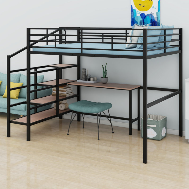 Lit mezzanine en métal avec bureau, Noir