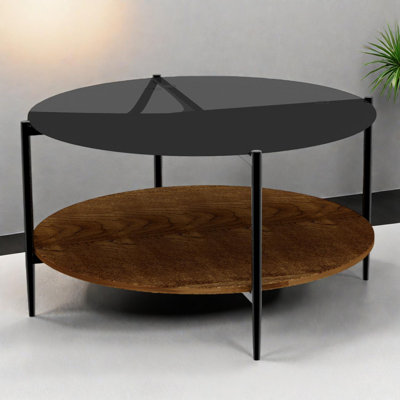 Modern Round Double-Layer Coffee Table with Tempered Glass and Storage, 32.28-Inch Diameter
