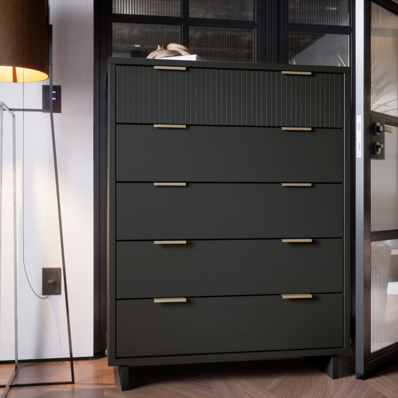 Granville 38" Modern Solid Wood Dresser with 5 Drawers in Charcoal Grey, Dark Grey
