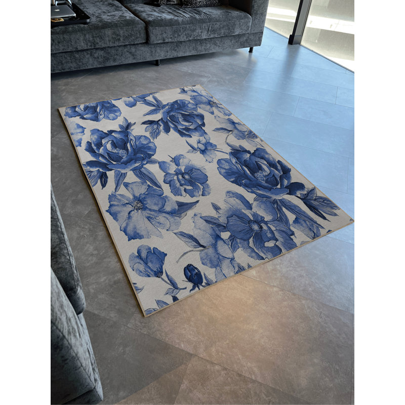 Tapis décoratif moderne à motif floral rose et bleu-beige, Rectangle 3 pi 11 po x 5 pi 10 po