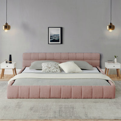 California King Size Upholstered Bed Frame With Thick Fabric, Chenille Fabric Grounded Queen Size Platform Bed With Headboard And Solid Frame