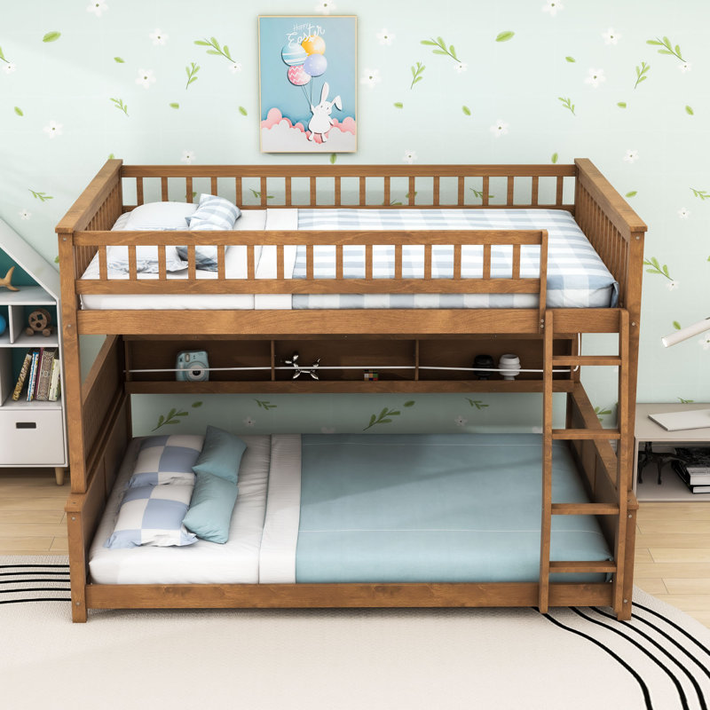 Bunk Bed with Shelving, Color-Changing Lights and Pegboard, Brown, Full XL Over Queen