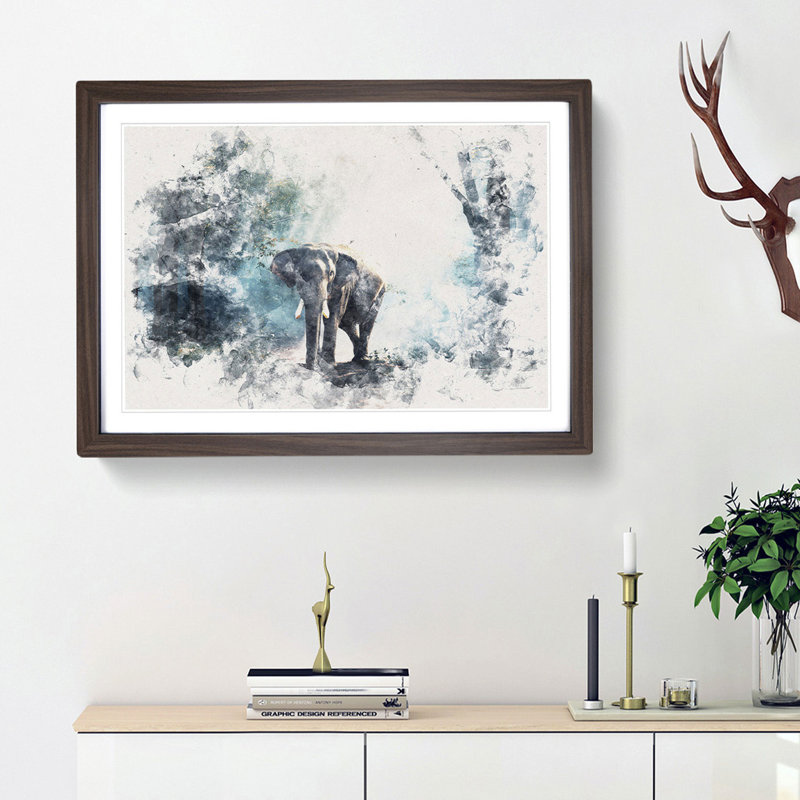 Elephant Roaming In A Green Forest - Picture Frame Painting, 40cm H x 60cm W x 2cm D, Walnut Framed