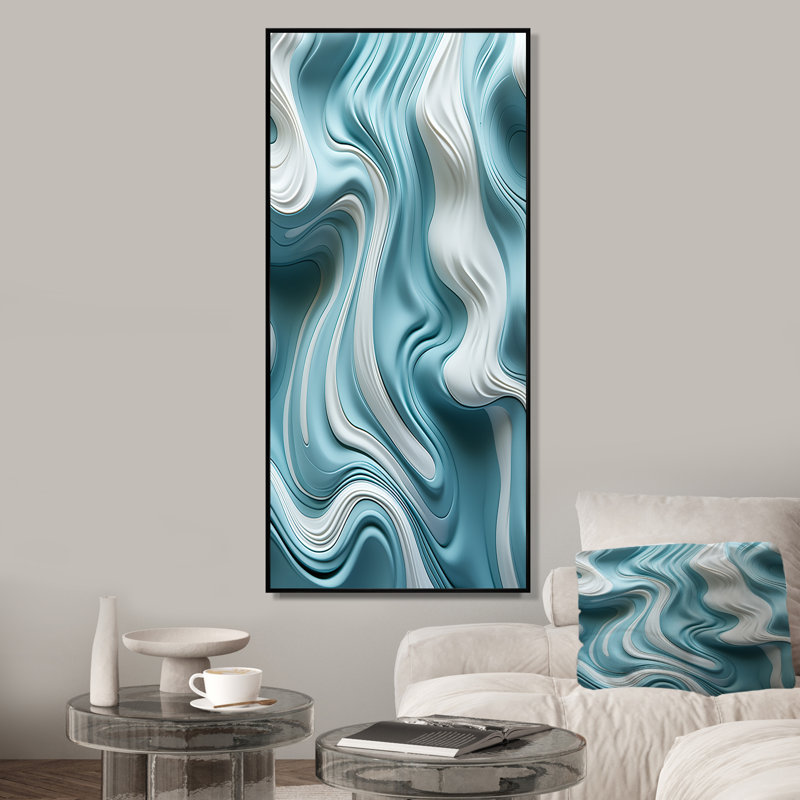 «Blue and White Wave Tiles Impressions I», art mural vagues, Cadre flottant noir, 60" H x 28" W