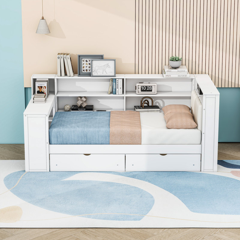 2 Drawers Wood Platform Bed with Shelves, Charging Station, LED Lights and Desk, Twin, White