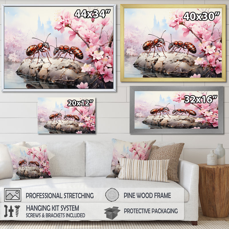 Pastor Gatherers, fourmis rouges, fleurs roses - fourmis, art mural, salon, H 24 po x l 32 po x P 1 po