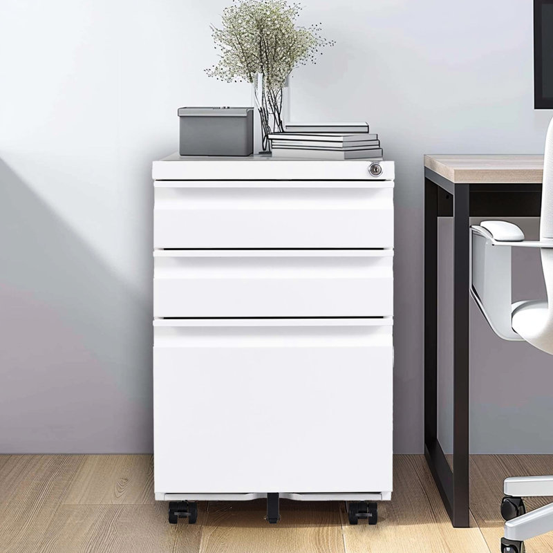 3 Drawer Metal File Cabinet With Lock, White. Fully Assembled For Workspace. Holds Letters/legal/a4 Files. Secure Storage Area. Drawers Come Removable Pencil Tray. Smooth Mobility Via 5 Wheels.