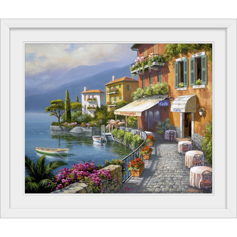 « Seaside Bistro Cafe » par Sung Kim, reproduction d'art, H 32 po x l 38 po x P 1 po, Cadre blanc