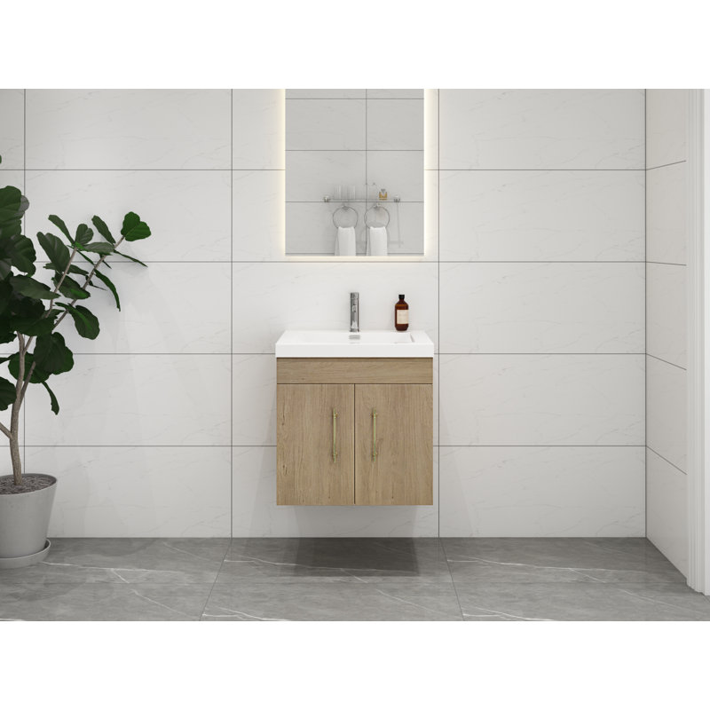 Ensemble de meuble-lavabo mural simple 30 po Carliss, Blanc/chêne, Or