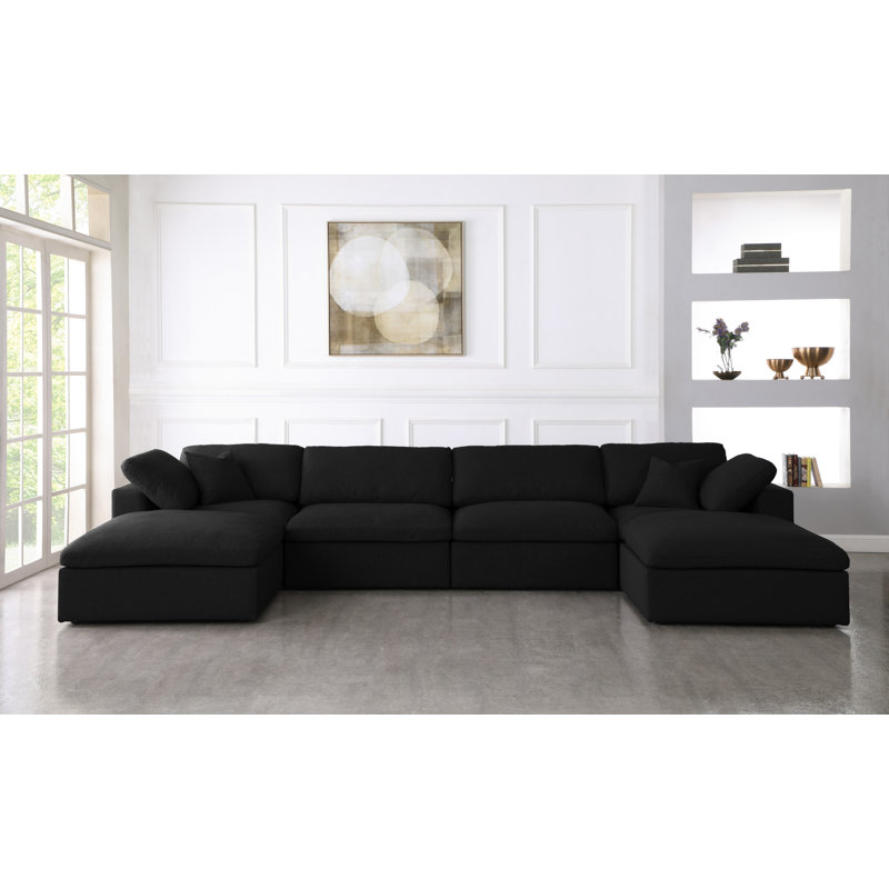 Burrows 158" Wide Linen Down Cushion Modular Sofa & Chaise with Ottoman, Black Linen Textured Fabric