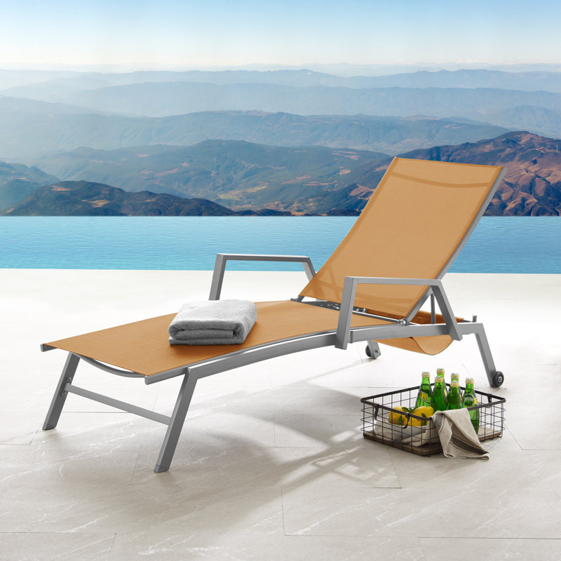 Cand 77.5" Long Metal  Reclining Single Chaise Lounge with PVC-coated polyester Sling Seat and Armrests & Wheels, Orange