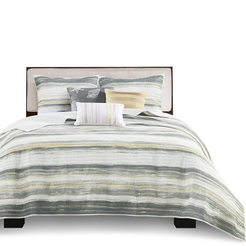 Courtepointe très grand / très grand avec 6 pièces en jaune. Paisible bande d'aquarelle pour une chambre à coucher élégante. Coussin décoratif en microfibre douce et coussin décoratif, jaune très grand. Matériau serein