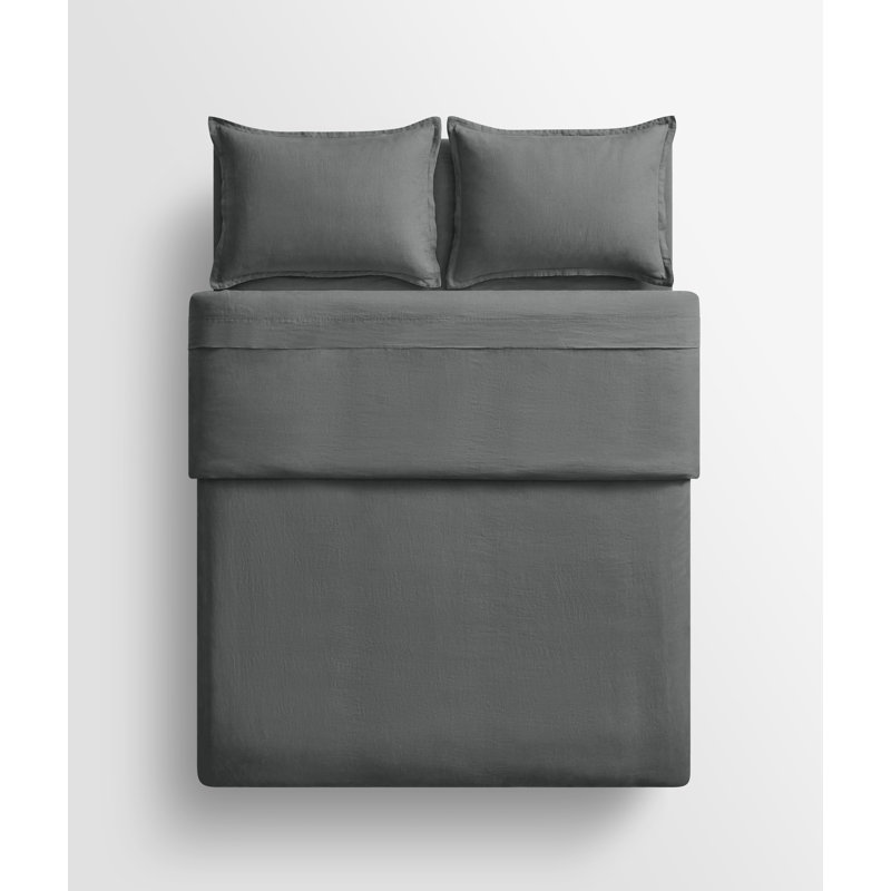 Stone Washed Duvet Cover, Queen Duvet Cover + 2 Queen Shams, Charcoal