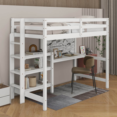 Wooden Loft Bed With Shelves, Desk And Writing Board