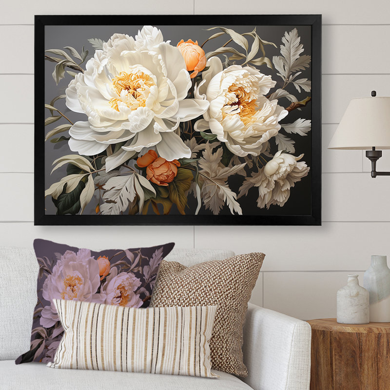 Pivoine beige parfumée II, H 12 po x l 20 po x P 1 po, Cadre photo noir simple