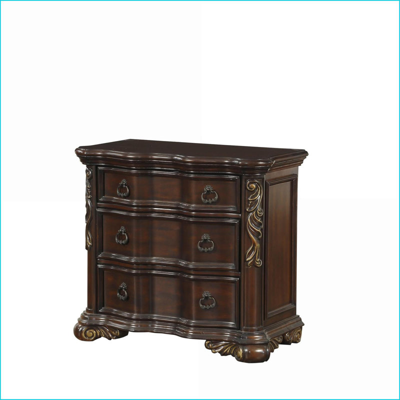 Table de chevet à finition traditionnelle cerisier avec 3 tiroirs Poignées anneaux