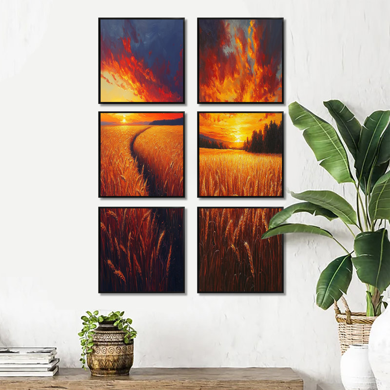Yellow Sunset Farm Fields - Ensemble de 6 reproductions d'art mural à la ferme, Impression encadrée sans passe-partout, Noir