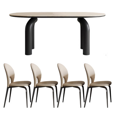 Modern Oval Rock Slab Fiberglass Dining Table Set