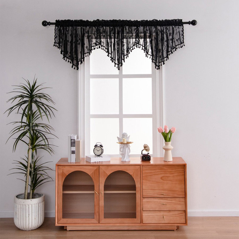 Cantonnière pour petits rideaux en dentelle avec pampilles kbndieu, Black