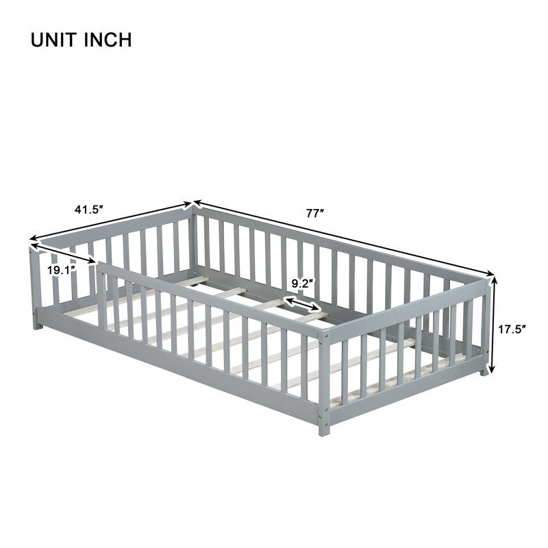 Twin Size Rubber Wood Floor Bed with Safety Guardrails – Fence Design, No Door,, Gray