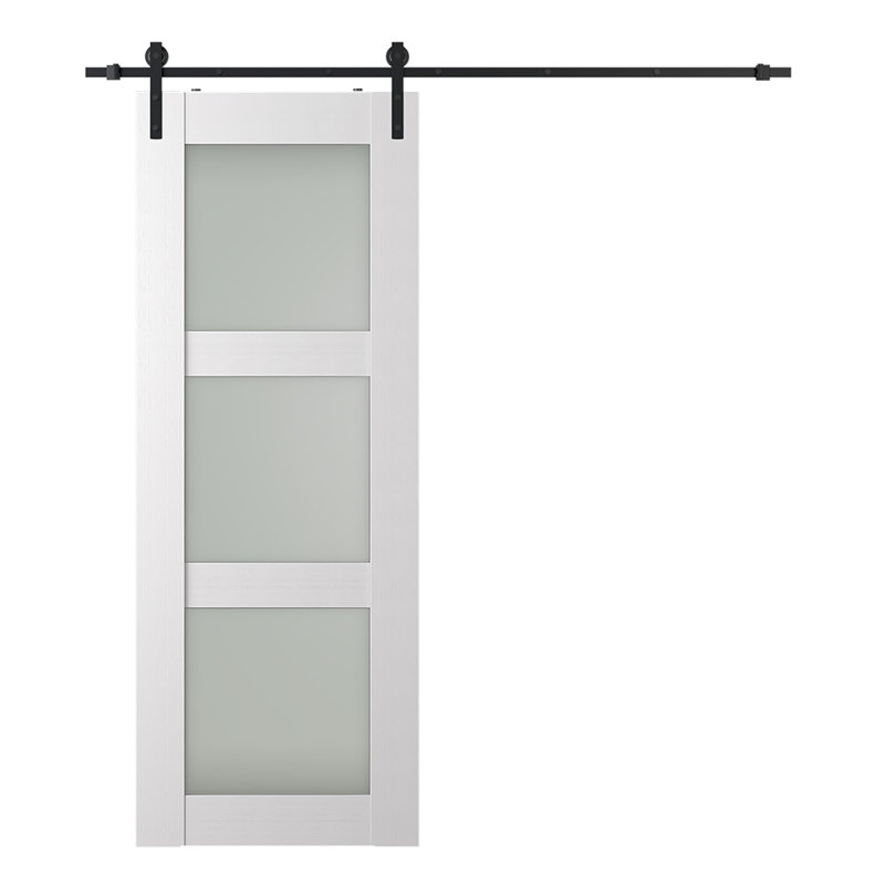 Porte de grange pré-finie Palladio 3 Lite avec trousse de quincaillerie d'installation, 35,875 po x 79,37 po, Blanc noble