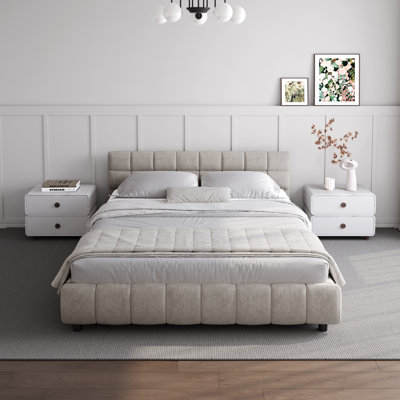 Chenille Upholstered Bed Frame With Headboard And Drawer