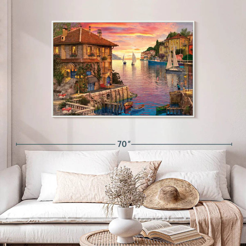 Le port méditerranéen, 46 po x 31 po, Cadre flottant doré