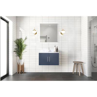 Meuble-lavabo bleu marine pour salle de bain en marbre Miroir à DEL - fermeture en douceur, taches, rayure de rangement spacieuse,