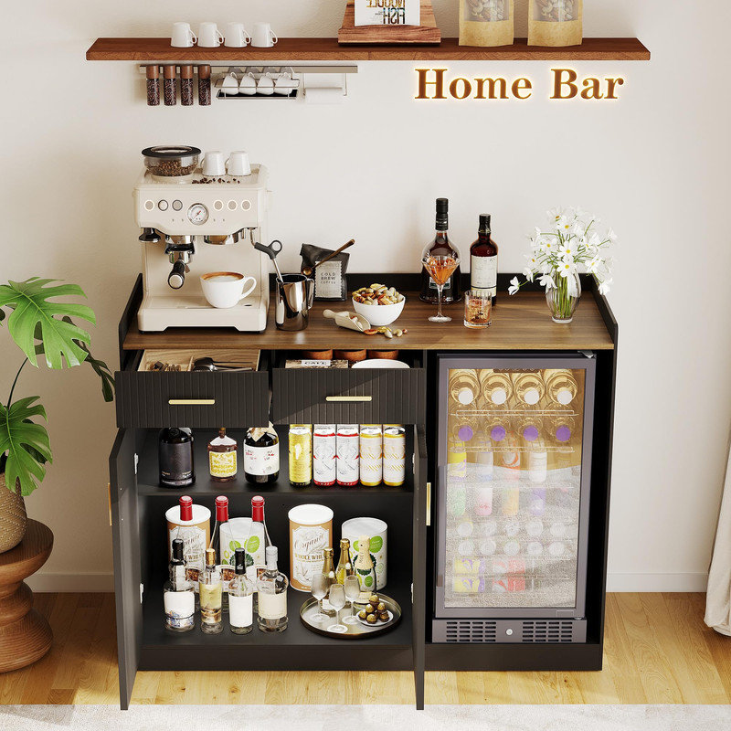 Coffee Bar Storage Cabinet with Fridge Space, Fluted Doors, Drawers & Power Strip, Home Bar Unit for Living Room, Kitchen