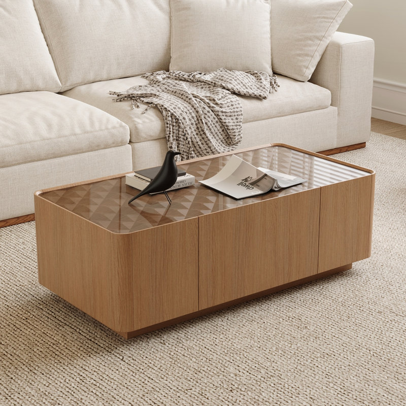 Table basse en bois avec plateau en verre et tiroirs de rangement, 46.8-Inch
